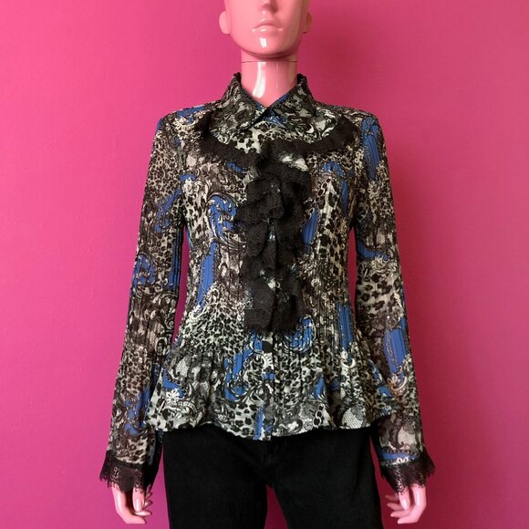 Vintage Y2K L Chiffon Blouse Sunny Leigh Black Lace Ruffle Jabot Whimsigoth Top - Picture 1 of 12